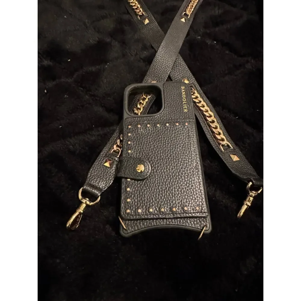 Bandolier studded MagSafe 15 pro max case & Thick black & gold curb chain strap
